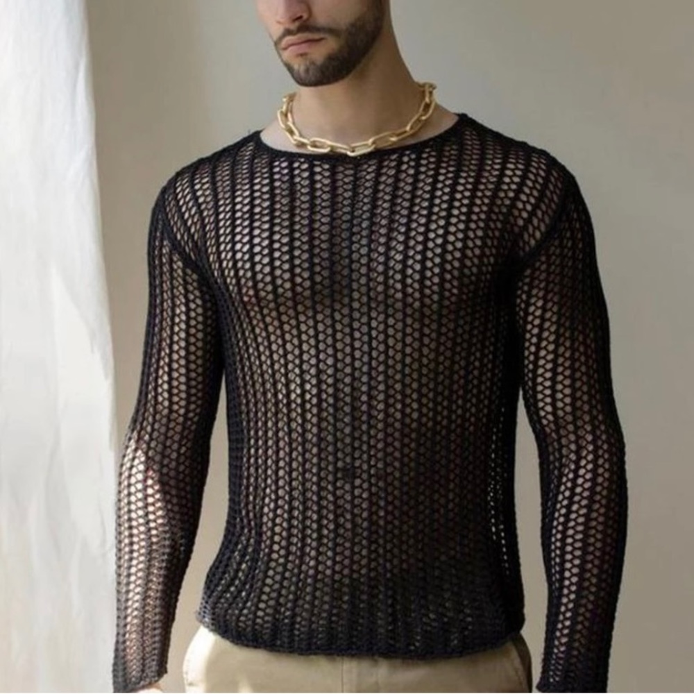 Mens Fishnet Transparent Long Sleeve T Shirt See Through Mesh Tshirt